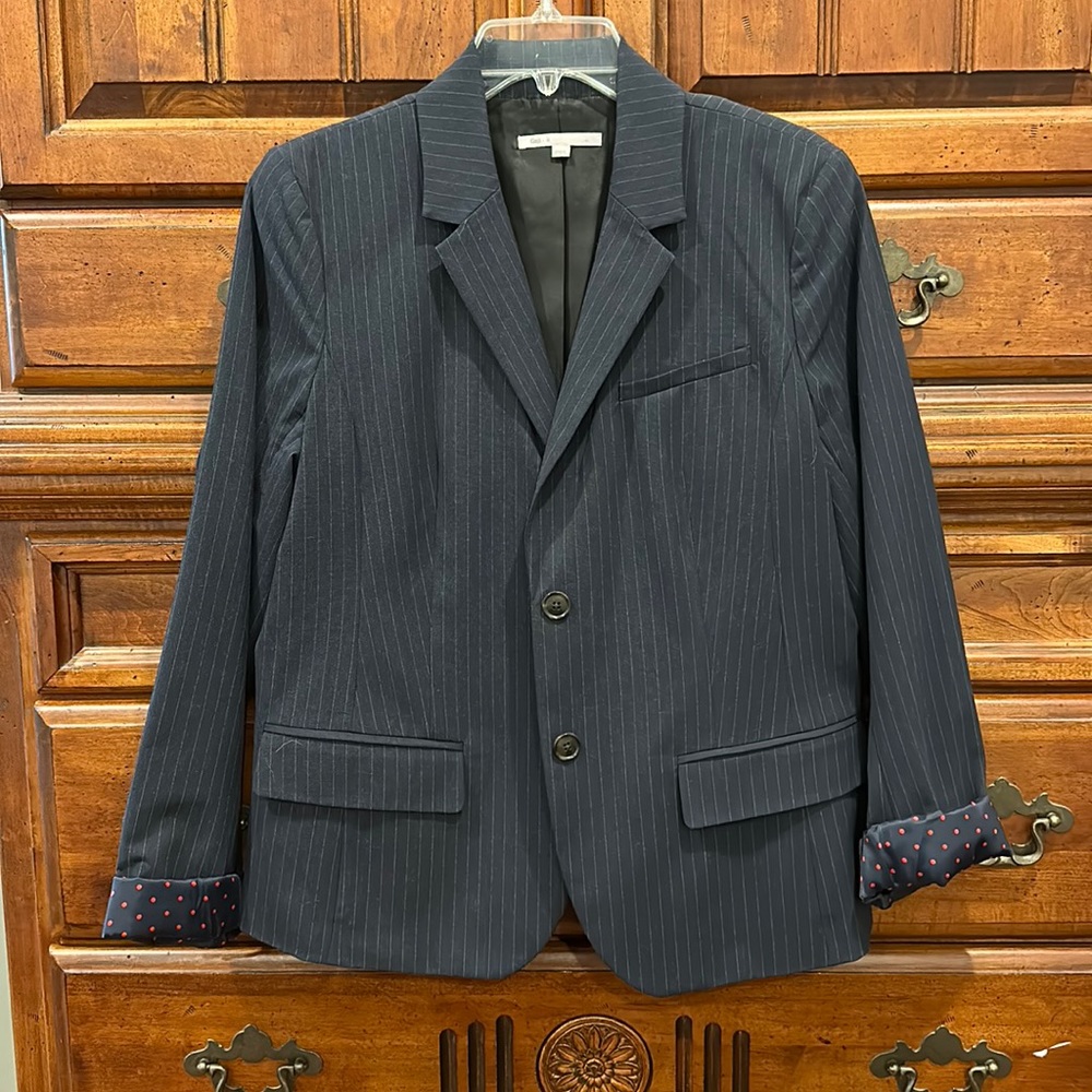 Gap Women’s Blazer Size 12 Pinstripe with navy and red polka dot sleeve cuff